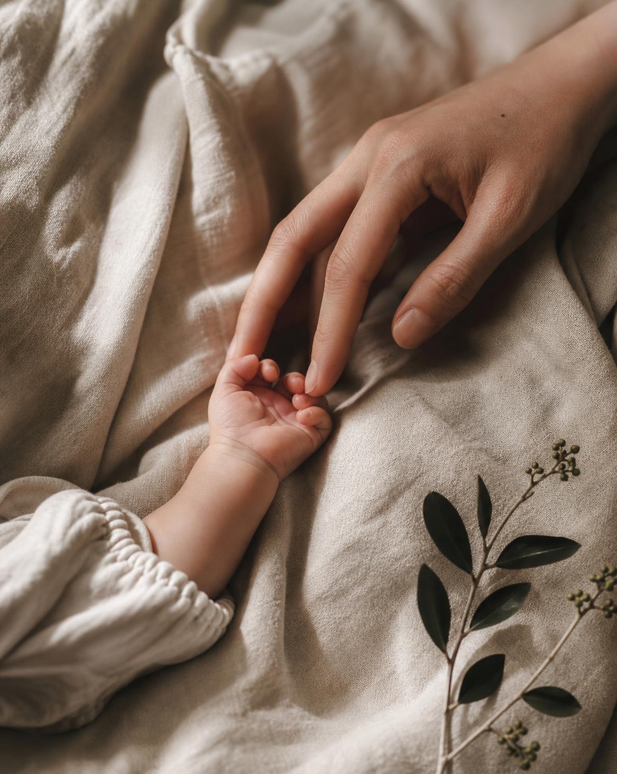 A parent and baby sharing a quiet moment with a wooden play object